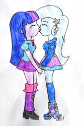 Size: 1616x2422 | Tagged: safe, artist:fude-chan-art, imported from derpibooru, trixie, twilight sparkle, equestria girls, duo, female, kiss on the lips, kissing, lesbian, shipping, traditional art, twixie