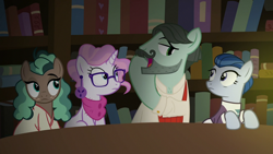 Size: 800x450 | Tagged: safe, imported from derpibooru, screencap, cracked wheat, ever essence, minty mocha, raspberry latte, earth pony, pony, unicorn, the parent map, book, bookshelf