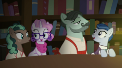 Size: 1280x720 | Tagged: safe, imported from derpibooru, screencap, cracked wheat, ever essence, minty mocha, raspberry latte, earth pony, pony, unicorn, the parent map, book, bookshelf, clothes, female, group, male, mare, quartet, scarf, stallion