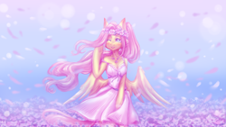 Size: 1920x1080 | Tagged: safe, artist:zefirka, imported from derpibooru, fluttershy, oc, pegasus, semi-anthro, clothes, crown, cute, dress, floral head wreath, flower, jewelry, one eye closed, pegasus oc, princess, regalia, shyabetes, solo, windswept mane, wings