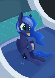 Size: 988x1394 | Tagged: safe, artist:dusthiel, imported from derpibooru, princess luna, alicorn, earth pony, pony, :p, atg 2021, bed, cookie, cookie jar, cute, eating, ethereal mane, ethereal tail, folded wings, food, hoof hold, lunabetes, mouth hold, newbie artist training grounds, raised hoof, raised hooves, sitting, slim, solo, tail, thin, tongue out, wings