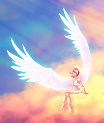 Size: 1712x2018 | Tagged: safe, artist:limreiart, imported from derpibooru, oc, oc only, oc:lighty dust, human, pegasus, choker, cloud, crossed legs, female, humanized, humanized oc, large wings, looking up, multicolored hair, nimbus, not sunset shimmer, pegasus oc, sitting, smiling, solo, wings