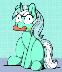 Size: 446x512 | Tagged: safe, artist:llametsul, imported from derpibooru, lyra heartstrings, pony, unicorn, atg 2021, derp, dynamite, explosives, female, l.u.l.s., mare, mouth hold, newbie artist training grounds, simple background, sitting, solo, stupidity, this will end in death, this will end in explosions, tnt, too dumb to live