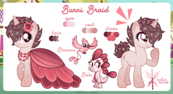 Size: 1200x655 | Tagged: safe, artist:jennieoo, imported from derpibooru, oc, oc only, oc:bunni braid, bird, dragon, hummingbird, pony, unicorn, clothes, dress, flower, gala dress, reference, reference sheet, rose, show accurate, solo, vector