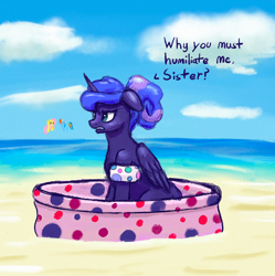 Size: 1136x1142 | Tagged: safe, artist:dummyhorse, artist:phutashi, imported from derpibooru, fluttershy, princess luna, rainbow dash, alicorn, pegasus, pony, alternate hairstyle, angry, atg 2021, beach, cloud, dialogue, female, floppy ears, folded wings, frown, gritted teeth, humiliation, kiddie pool, mare, newbie artist training grounds, ocean, outdoors, sitting, sky, solo focus, three quarter view, trio, water wings, wings