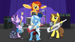 Size: 1920x1080 | Tagged: safe, artist:grapefruit-face, imported from derpibooru, starlight glimmer, sunburst, trixie, oc, oc:grapefruit face, pony, unicorn, band, base used, bass guitar, bipedal, blaze (coat marking), coat markings, drum kit, drumming, drums, eyes closed, facial markings, guitar, keytar, looking at you, microphone, musical instrument, one eye closed, performance, show accurate, singing, socks (coat markings), stage, wink, winking at you
