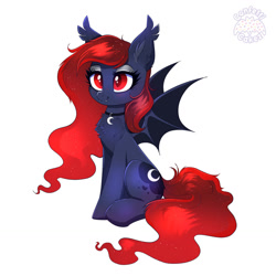 Size: 1280x1280 | Tagged: safe, artist:confetticakez, imported from derpibooru, princess luna, bat pony, pony, alternate mane color, bat ponified, chest fluff, cute, cute little fangs, ear fluff, ethereal mane, fangs, female, mare, race swap, simple background, solo, white background