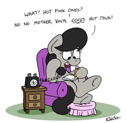 Size: 2000x1949 | Tagged: safe, artist:bobthedalek, imported from derpibooru, octavia melody, earth pony, pony, atg 2021, chair, crossed legs, female, hoof hold, mare, newbie artist training grounds, notebook, open mouth, open smile, pencil, phone, sitting, smiling, solo, talking, this will end in intensive mothering, writing