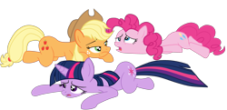 Size: 3594x1734 | Tagged: safe, artist:gmaplay, imported from derpibooru, applejack, pinkie pie, twilight sparkle, earth pony, pony, unicorn, applejack's hat, butt, cowboy hat, female, frown, hat, high res, lying down, mare, open mouth, plot, prone, simple background, transparent background, trio, trio female, unicorn twilight, vector