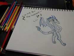 Size: 1280x960 | Tagged: safe, artist:dougtheloremaster, imported from derpibooru, part of a set, princess ember, dragon, don't stop believing, dragoness, female, journey (band), part of a series, pencil, pencil drawing, photo, sketch, sketchpad, solo, song reference, traditional art