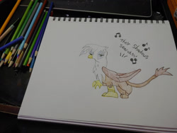 Size: 1280x960 | Tagged: safe, artist:dougtheloremaster, imported from derpibooru, part of a set, gilda, griffon, don't stop believing, female, journey (band), part of a series, pencil, pencil drawing, photo, sketch, sketchpad, solo, song reference, traditional art