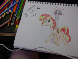 Size: 1280x960 | Tagged: safe, artist:dougtheloremaster, imported from derpibooru, part of a set, sunset shimmer, pony, unicorn, don't stop believing, female, journey (band), lamppost, mare, part of a series, pencil, pencil drawing, photo, sketch, sketchpad, solo, song reference, traditional art