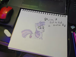 Size: 1280x960 | Tagged: safe, artist:dougtheloremaster, imported from derpibooru, part of a set, twilight sparkle, pony, unicorn, don't stop believing, female, gritted teeth, journey (band), mare, messy mane, part of a series, pencil, pencil drawing, photo, sketch, sketchpad, solo, song reference, traditional art, unicorn twilight