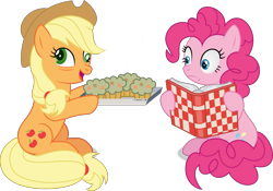 Size: 2753x1924 | Tagged: safe, artist:thatusualguy06, imported from derpibooru, applejack, pinkie pie, earth pony, pony, applebuck season, season 1, atg 2021, baked bads, book, cookbook, derp, drunk, drunk aj, duo, duo female, female, food, frown, go home you're drunk, high res, imminent food poisoning, mare, muffin, muffin tray, newbie artist training grounds, open mouth, open smile, shocked, show accurate, silly, silly pony, simple background, sitting, smiling, this will end in colic, tired, transparent background, vector, who's a silly pony