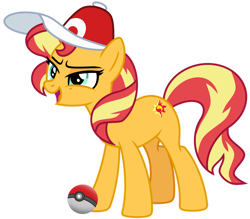 Size: 1024x897 | Tagged: safe, artist:emeraldblast63, imported from derpibooru, sunset shimmer, pony, unicorn, cap, female, hat, lidded eyes, mare, open mouth, open smile, poké ball, pokéball, pokémon, simple background, smiling, smirk, smug, smugset shimmer, solo, transparent background