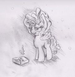 Size: 1200x1238 | Tagged: safe, artist:nedemai, imported from derpibooru, cozy glow, pegasus, pony, atg 2021, book, female, filly, newbie artist training grounds, pencil drawing, smiling, smirk, solo, traditional art