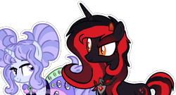 Size: 1340x724 | Tagged: dead source, safe, artist:cherritoppu, imported from derpibooru, oc, oc only, pony, unicorn, alicorn amulet, base used, duo, duo female, eyelashes, female, horn, looking at each other, red and black oc, simple background, smiling, smiling at each other, smirk, transparent background, unicorn oc