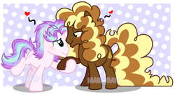 Size: 2260x1223 | Tagged: dead source, safe, artist:cherritoppu, artist:maiii-san, imported from derpibooru, oc, oc only, earth pony, pony, unicorn, base used, blushing, earth pony oc, gay, heart, holding hooves, horn, looking at each other, magical lesbian spawn, male, oc x oc, offspring, parent:cheese sandwich, parent:pinkie pie, parent:starlight glimmer, parent:trixie, parents:cheesepie, parents:startrix, polka dot background, raised hoof, shipping, smiling, smiling at each other, stallion, unicorn oc