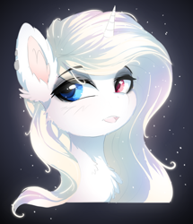 Size: 928x1081 | Tagged: safe, artist:lucid-guardian, imported from derpibooru, oc, oc only, oc:lunar eclipse, pony, unicorn, bust, eye clipping through hair, eyebrows, eyebrows visible through hair, female, heterochromia, horn, mare, open mouth, solo, unicorn oc, white