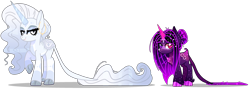 Size: 4283x1518 | Tagged: dead source, safe, artist:cherritoppu, artist:maiii-san, imported from derpibooru, rarity, twilight sparkle, pony, unicorn, alternate design, cloven hooves, constellation, duo, duo female, ethereal mane, female, high res, hoof polish, horn, mare, raised hoof, simple background, smiling, starry mane, transparent background