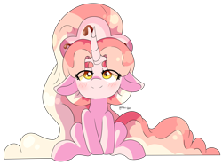 Size: 2064x1536 | Tagged: dead source, safe, artist:cherritoppu, artist:maiii-san, imported from derpibooru, oc, oc only, oc:cherry bloom, pony, unicorn, eye clipping through hair, female, floppy ears, horn, looking at you, mare, signature, simple background, sitting, smiling, smiling at you, solo, transparent background, unicorn oc