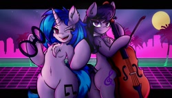 Size: 2048x1171 | Tagged: safe, artist:canvymamamoo, imported from derpibooru, dj pon-3, octavia melody, vinyl scratch, anthro, earth pony, pony, unicorn, arm hooves, belly button, bipedal, blushing, bow (instrument), bowtie, breasts, butt, cello, cello bow, chest fluff, dock, duo, duo female, ear fluff, female, glasses, heart eyes, holding, lidded eyes, looking at you, mare, musical instrument, one eye closed, open mouth, retrowave, smiling, sunglasses, underhoof, vaporwave, wingding eyes