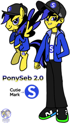 Size: 4813x8446 | Tagged: safe, artist:sebtheartist, imported from derpibooru, oc, oc only, oc:ponyseb 2.0, pegasus, pony, equestria girls, absurd resolution, base used, cap, clothes, cutie mark, duality, duo, duo male, hat, hoodie, human ponidox, looking at you, male, pegasus oc, self ponidox, simple background, stallion, transparent background, wings