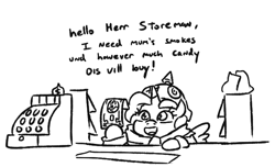 Size: 698x425 | Tagged: safe, artist:jargon scott, imported from derpibooru, oc, oc only, oc:dyxkrieg, alicorn, pony, alicorn oc, black and white, cash register, cute, female, filly, gratuitous german, grayscale, helmet, horn, magical lesbian spawn, money, monochrome, offscreen character, offspring, parent:oc:dyx, parent:oc:luftkrieg, parents:oc x oc, pickelhaube, simple background, solo, talking to viewer, white background, wingding eyes, wings
