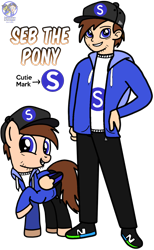 Size: 4858x7903 | Tagged: safe, artist:sebtheartist, imported from derpibooru, oc, oc only, oc:seb the pony, pegasus, pony, equestria girls, absurd resolution, base used, clothes, cutie mark, duo, duo male, grin, hoodie, looking at you, male, pegasus oc, raised hoof, smiling, smiling at you, snapback, stallion, wings