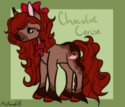 Size: 1750x1500 | Tagged: safe, artist:misskanabelle, imported from derpibooru, oc, oc only, oc:chocolat cerise, earth pony, pony, abstract background, bow, earth pony oc, female, hair bow, hoof fluff, mare, offspring, parent:cherry jubilee, parent:trouble shoes, parent:troubleshoes clyde, parents:cherryshoes, signature, solo