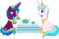 Size: 6000x4000 | Tagged: safe, artist:parclytaxel, imported from derpibooru, oc, oc only, oc:prince endearment, oc:twilight teatime, alicorn, pony, .svg available, :p, absurd resolution, crown, cup, eye contact, female, food, jewelry, levitation, looking at each other, magic, male, mare, monthly reward, peytral, regalia, simple background, stallion, table, tea, tea party, teacup, teapot, telekinesis, tongue out, transparent background, utah teapot, vector