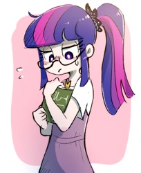 Size: 1032x1264 | Tagged: safe, artist:nendo, imported from derpibooru, sci-twi, twilight sparkle, equestria girls, abstract background, book, female, glasses, ponytail, solo