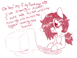 Size: 1338x1008 | Tagged: safe, artist:whydomenhavenipples, imported from ponybooru, imported from twibooru, oc, oc only, oc:floor bored, banned from derpibooru, clothes, computer, female, hair over one eye, hoodie, keyboard, mare, messy mane, monochrome, neet, simple background, smiling, text, white background
