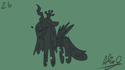 Size: 1920x1080 | Tagged: safe, artist:aliceg, imported from ponybooru, queen chrysalis, changeling, changeling queen, changeling wings, doodle, dot eyes, female, green background, horn, insect wings, monochrome, signature, simple background, solo, wings