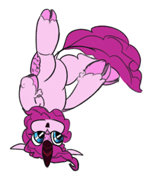 Size: 524x636 | Tagged: safe, artist:cammy, imported from ponybooru, pinkie pie, kirin, cloven hooves, female, horn, quadrupedal, silly, simple background, solo, species swap, upside down, white background