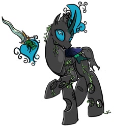 Size: 1076x1201 | Tagged: safe, artist:cammy, imported from ponybooru, oc, changeling, changeling oc, knife, magic, plant