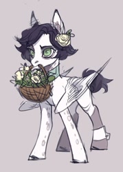 Size: 1158x1615 | Tagged: safe, artist:lunnita_pony, imported from derpibooru, oc, oc only, oc:lunnita, pegasus, pony, basket, female, flower, flower in hair, gray background, green eyes, mare, rose, simple background, solo