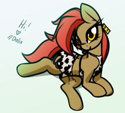 Size: 2392x2154 | Tagged: safe, artist:jetwave, imported from derpibooru, oc, oc only, oc:dala vault, earth pony, pony, booty shorts, clothes, cowprint, ear tag, earth pony oc, female, gradient background, heart, high res, lying down, mare, pajamas, shorts, solo, text