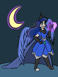 Size: 1668x2224 | Tagged: safe, artist:carconutty, imported from derpibooru, princess luna, human, belt, boots, cape, clothes, crescent moon, female, gloves, grin, humanized, jewelry, levitation, magic, moon, regalia, sharp teeth, shoes, smiling, solo, teeth, telekinesis, winged humanization, wings