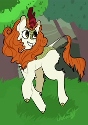 Size: 2894x4093 | Tagged: safe, artist:carconutty, imported from derpibooru, autumn blaze, kirin, awwtumn blaze, cute, female, grass, grin, high res, looking back, raised hoof, raised leg, smiling, solo, tree