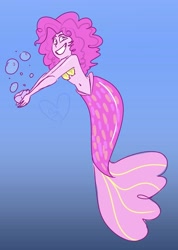 Size: 2507x3529 | Tagged: safe, artist:carconutty, imported from derpibooru, pinkie pie, human, mermaid, bra, bubble, clothes, female, grin, high res, humanized, mermaid tail, mermaidized, seashell, seashell bra, smiling, solo, species swap, underwater, underwear, water