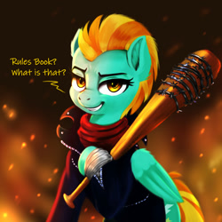 Size: 2000x2000 | Tagged: safe, artist:darksly, imported from derpibooru, lightning dust, pegasus, pony, bandage, baseball bat, clothes, cosplay, costume, crossover, female, grin, high res, jacket, leather jacket, looking at you, lucille, mare, negan, newbie artist training grounds, scarf, smiling, smiling at you, solo, talking, the walking dead