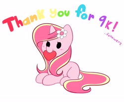 Size: 4096x3395 | Tagged: safe, artist:kittyrosie, imported from derpibooru, oc, oc only, oc:rosa flame, pony, unicorn, blushing, cute, followers, heart, high res, horn, lying down, meta, mouth hold, ocbetes, prone, simple background, smiling, solo, twitter, unicorn oc, white background