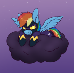 Size: 1800x1779 | Tagged: safe, artist:aquaticvibes, imported from derpibooru, rainbow dash, pegasus, pony, luna eclipsed, atg 2021, clothes, cloud, costume, female, holiday, mare, newbie artist training grounds, nightmare night, nightmare night costume, shadowbolt dash, shadowbolts costume, solo