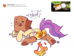 Size: 1536x1166 | Tagged: safe, artist:lunnita_pony, imported from derpibooru, oc, oc:paper bag, burning, butt, cooked alive, cooking, fire, food, marshmallow, plot