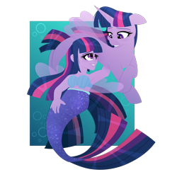 Size: 3000x3000 | Tagged: safe, artist:skulljooce, imported from derpibooru, sci-twi, twilight sparkle, alicorn, mermaid, pony, seapony (g4), equestria girls, blue background, bra, bubble, clothes, commission, eyelashes, female, fin wings, fish tail, flowing mane, flowing tail, high res, horn, lesbian, looking at each other, mermaid lovers, mermaid sci-twi, mermaid tail, mermaidized, purple eyes, seaponified, seapony twilight, seashell bra, see-through, self ponidox, shipping, simple background, smiling, species swap, swimming, tail, twilight sparkle (alicorn), twitwi, twolight, underwater, underwear, water, wings