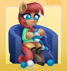 Size: 939x996 | Tagged: safe, artist:sickly-sour, imported from derpibooru, oc, oc only, oc:scarlet topaz, earth pony, pony, clothes, knitting, signature, socks, solo, stockings, striped socks, thigh highs, yarn, yarn ball