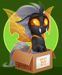 Size: 837x1022 | Tagged: safe, artist:sickly-sour, imported from derpibooru, oc, oc only, changeling, blushing, cardboard box, changeling in a box, changeling oc, commission, orange changeling, smiling, solo