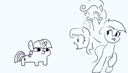 Size: 2000x1152 | Tagged: safe, artist:mandumustbasukanemen, imported from derpibooru, daisy, flower wishes, lily, lily valley, roseluck, twilight sparkle, pony, atg 2021, flower trio, monochrome, newbie artist training grounds, shocked, twiggie