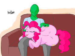 Size: 4098x3072 | Tagged: safe, artist:datzigga, imported from derpibooru, pinkie pie, oc, oc:anon, earth pony, human, pony, :p, balloonbutt, both cutie marks, butt, cute, diapinkes, eyes closed, frog (hoof), human on pony snuggling, petting, plot, sitting on lap, sleeping, snuggling, the ass was fat, tongue out, underhoof